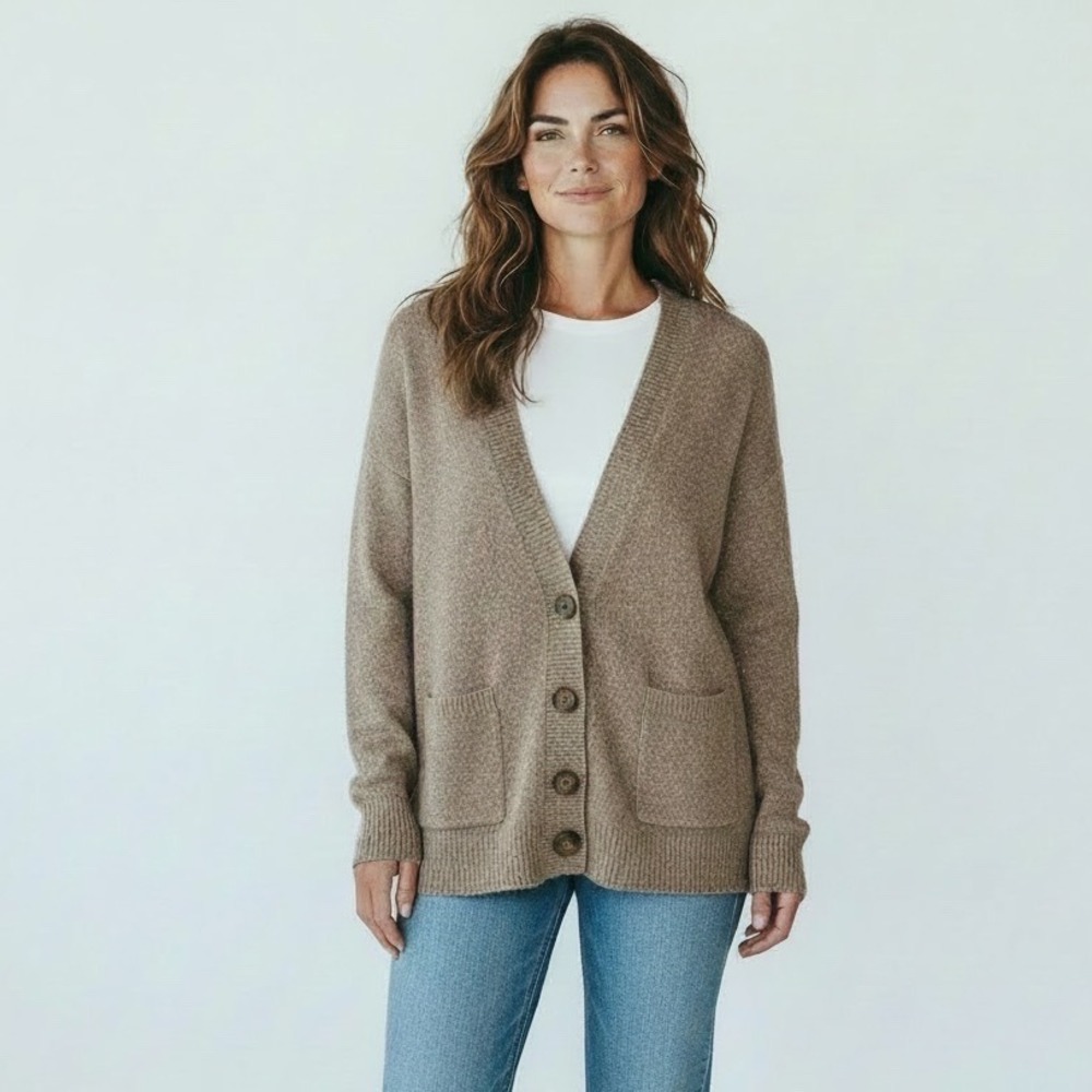 BCBGMAXAZRIA Women Brown Wool Blend Boucle V-Neck Cardigan Elbow Patches Vintage